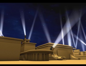 豪华黄色舞台场景移动灯光射线照向天空晚会开场视频素材