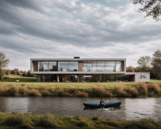 现代房屋3D 可视化，位于河边的荒野中